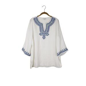 J Jill Love Linen Tunic Top Blue White Embroidered Beach Coastal Size Small